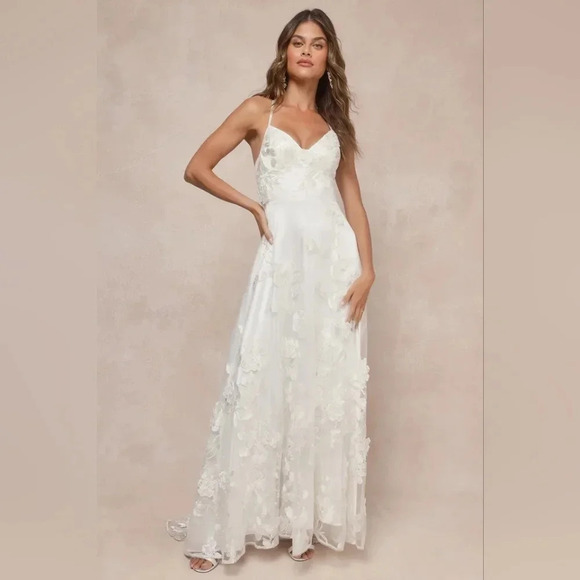 Lulus Profound Elegance Ivory 3D Floral Embroidered Maxi Dress XL Wedding Party - Picture 2 of 14